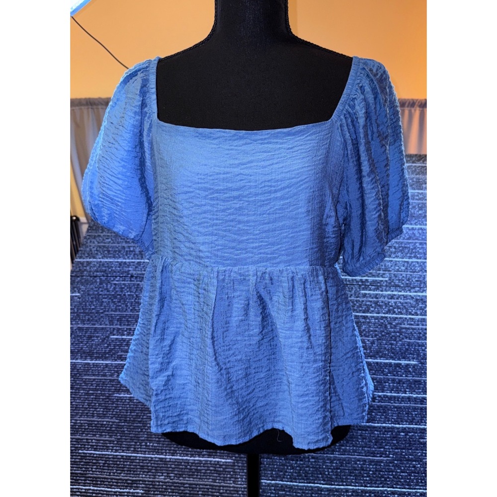 Melrose and Market Babydoll Top Womens‎ XL Blue NWOT Puff Sleeve Square Neck Tie